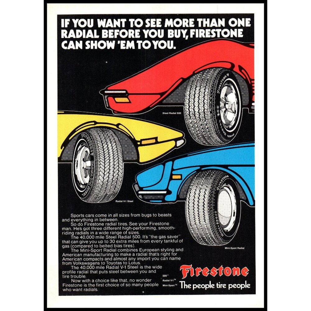 1974 Firestone Tires Vintage Print Ad Front Fender Cartoon Drawing Wall Art